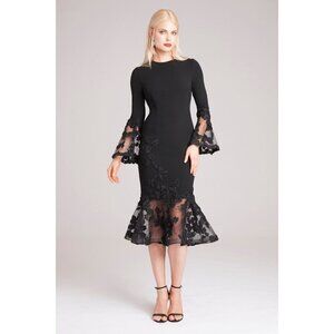 Teri Jon Black Illusion Bell Sleeve Midi Dress $640